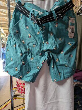 Raw Yarn Industries Men's Teal Print Shorts Size 36 with Belt
